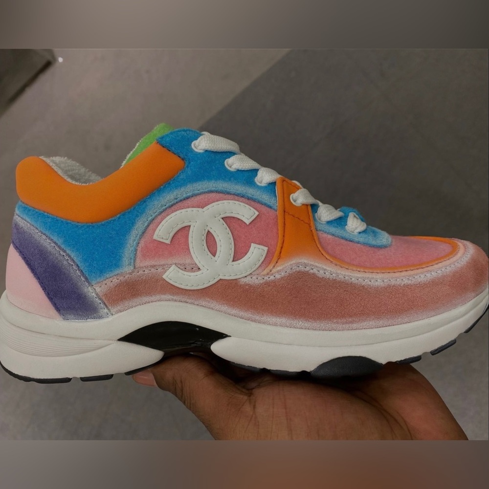 Chanel Nylon Lambskin Suede Calfskin CC Sneakers 37 Coral Light Blue White